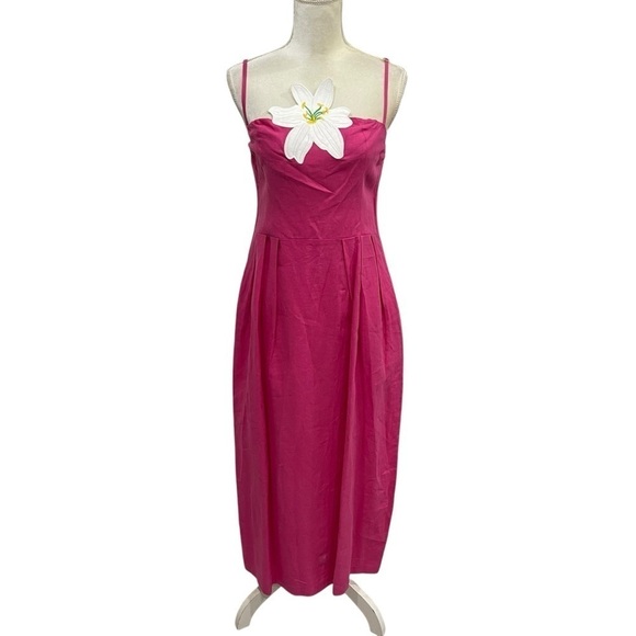 Fanm Mon LORR LINEN LATRICE DRESS Fuchsia Flower Embroidered Pleats Pockets $389 - Picture 5 of 16